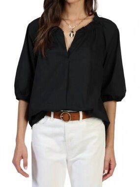 Dylan Black Cotton Jolie Top Split Neckline Elbow Length Sleeve Blouse Shirt XL